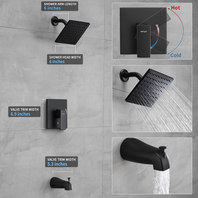 Esnbia Tub Shower Faucet Set (Valve Included) with 6-Inch Rain Shower Head and Tub Spout, Black Shower Head and Handle Setï¼ŒSingle-Handle Tub and Shower Trim Kit, Matte Black - Image 4